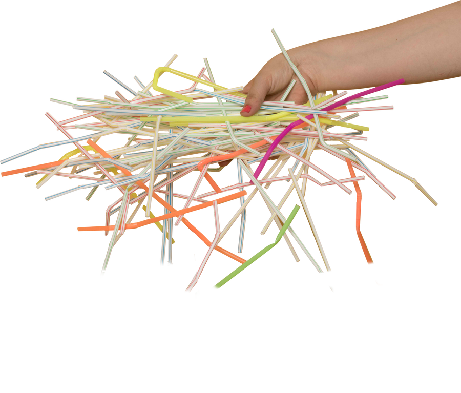 Bundle of plastic straws in hand